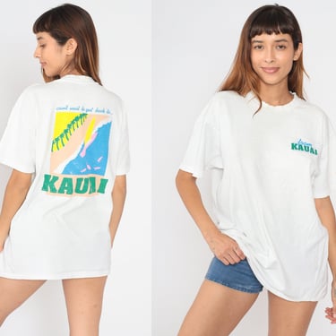 Kauai Hawaii T Shirt 90s Tropical Beach Shirt Windsurfing Palm Tree Neon Fish Graphic Tee Retro T Shirt White Vacation Hanes Extra Large xl 