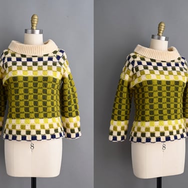 vintage 1960s sweater | Green & Blue Checkered Chunky knit Sweater | small 