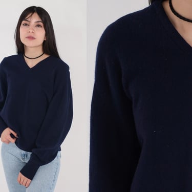 Navy Blue Wool Sweater 80s Knit Pullover V Neck Sweater Retro Plain Basic Jumper Simple Solid Fall Minimalist Knitwear 1980s Mens Large L 42 
