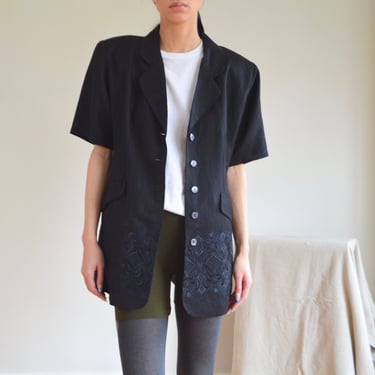 black linen blend short sleeve blazer with embroidered hem 
