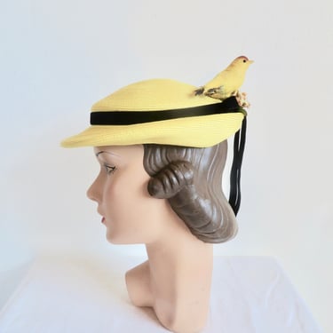 1950's Yellow Straw Small Brimmed Hat with Bird and Flowers Trim Spring Summer 50's Millinery Size 22 