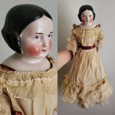 Antique Doll With Molded Black Hairstyle and Visible Part - 20" Tall - Antique German Dolls - Collectible Dolls 