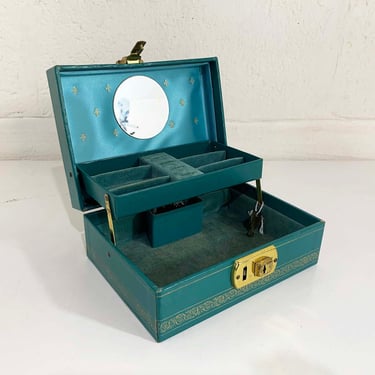 Vintage Mele Green Jewelry Box Ornate Case Velvet Vanity Retro Storage Music Box Lock Key 1950s 