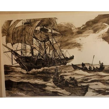 Jack Coughlin Art 1977 Etching Boats Away COA Signed Whaling Sailing Ship Boat 