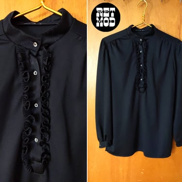 Vintage 70s 80s Black Ruffle Collar Long Sleeve Button Down Blouse 