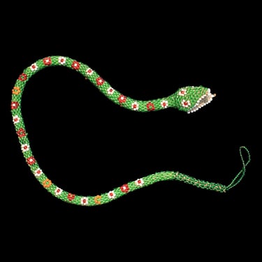 Rare! 1920s Choker / Beaded Green Snake Necklace / Prisoner of War Bead Crochet Serpent / Trench Art 
