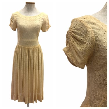 Vintage VTG 1940s 1950s Beige Yellow Sheer Floral Tea Dress 