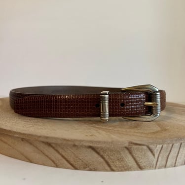 Vintage 90s Jones New York Brown Genuine Leather Textured Silver Buckle Belt - M 