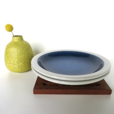 2 Vintage Heath Ceramics Opal Moonstone Salad Plates, Edith Heath Rim Line Blue And White 7 3/8