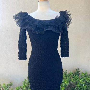 Vintage mini dress black bodycon big ruffle collar Sz XS/S California Definitions 