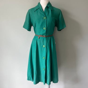 sz 14 BNWT 1940s Vintage Green Button Front Christmas Holiday Dress w/Belt 