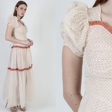 20s Antique Edwardian Saloon Dress, Delicate Swiss Dot Print, Vintage 1920s Cotton Tiered Maxi Gown 