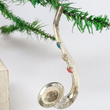 Antique 1930's Mercury Hand Blown Glass Hand Painted Saxophone Horn, Vintage Patriotic Christmas Tree Ornament 