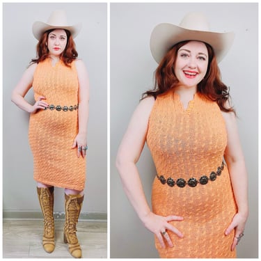 1970s Vintage Orange Acrylic Knit Tank Dress / 70s / Seventies Neon Sleeveless Stretch Body Con Wiggle Dress / Size Medium / Large 