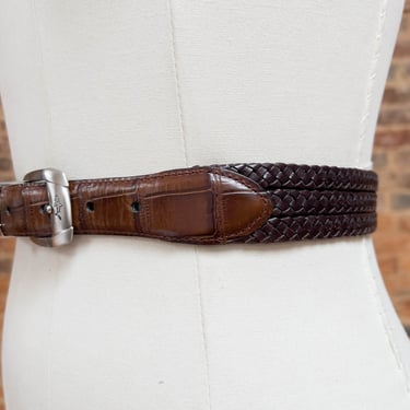 brown braided leather belt | 90s vintage Greg Norman woven leather belt 
