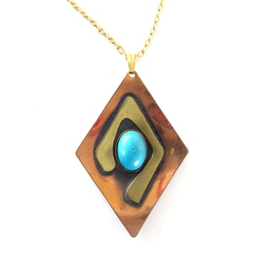 Moderninst Copper Pendant with Faux Turquoise Cabochon, Mixed Metals, Copper Necklace, Boho Chic Jewelry, Vintage Costume Jewelry 