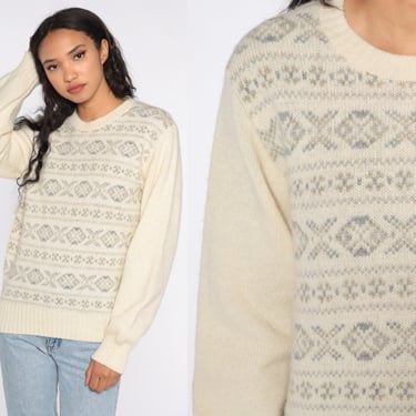 Cream Geometric Sweater 80s Wool Blend Sweater Knit Sweater Cream 1980s Boho Vintage Pullover Medium 