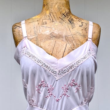 Vintage 1960s Pink Nylon Full Slip, Venusform Dress Slip with Floral Embroidery and Lace, Mid-Century Lingerie, 36