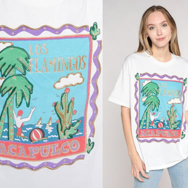 Los Flamingos Acapulco Shirt 90s Mexico Resort T-Shirt Glitter Puff Paint Ocean Beach Swimmer Graphic Tee Travel Vintage 1990s Medium Large 