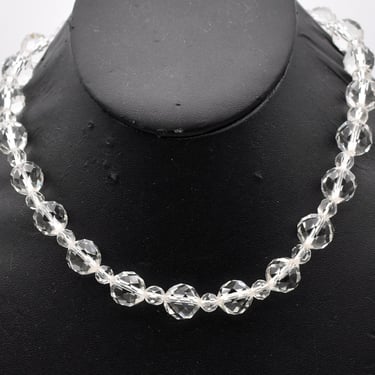 60's cut crystal NAOMI 925 sterling silver fish hook clasp necklace, mid-century faceted beads choker 