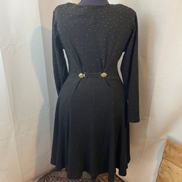 1980s Vintage Black Knit Dress with Gold Beading and Waist Cincher M 