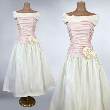 VINTAGE 80s Pink and Ivory Taffeta Prom Gown Party Dress by Roberta Size 9/10 | 1980s Full Ball Gown Dress With Crinoline | VFG 