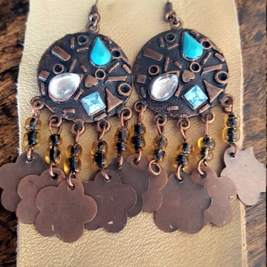 Handmade Southwestern Earrings~Handmade by J.H.H.B.~Long Boho Copper Dangle Earrings w/ Patina~Native American made~JewelsandMetals. 