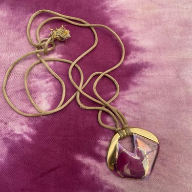 Vintage ‘80s handcrafted artisan necklace | iridescent rose & gold glazed clay pendant on silk cord, artist signed 