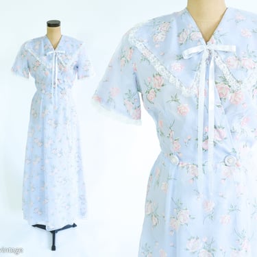 1950s Blue Floral Dressing Gown | 50s Blue Flowered Housecoat | Blue Robe | Medium 