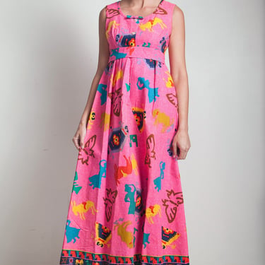 70s Hawaiian maxi dress vintage neon pink Aztec print 100% cotton sleeveless belted empire waist SMALL MEDIUM S M 