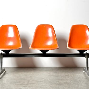 Vintage Mid Century Modern Charles and Ray Eames Tandem Orange Fiberglass Shell Chair Bench Herman Miller 1960s 