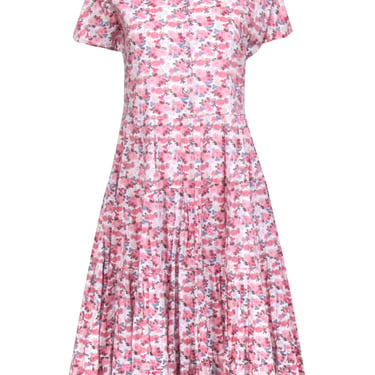 Anna Maria Paletti - Ivory w/ Pink Floral Print Pleated Midi Dress Sz M