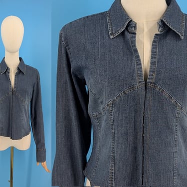 Vintage Y2K Denim Stretch Long Sleeve Collared Hook Front Blouse - 2000s Old College Inn Jean Bodice Top with Hook and Eye- Medium 