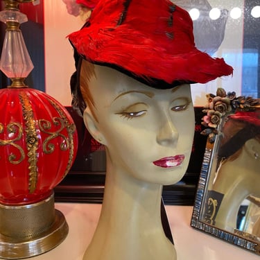 Vintage 1930s red feather hat 30s fascinator levy's millinery art deco avant garde 