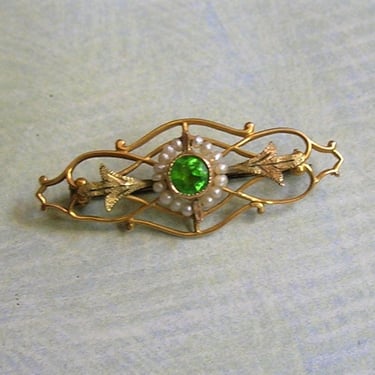 Antique Edwardian 10K Gold, Pearl and Peridot Brooch Pin, Old 10K and Pearl Pin, Antique Edwardian Pin (#4022) 