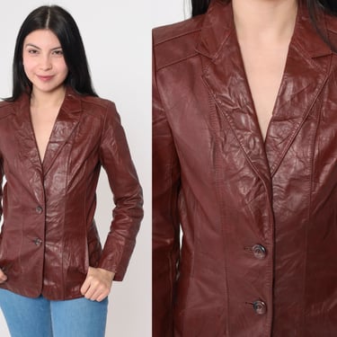 70s Brown Leather Jacket Leather Blazer Wilsons Bohemian Boho Hippie V Neck Vintage 1970s Hipster Collared Button Up Chic Extra Small xs 