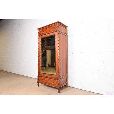 R. J. Horner Style Antique Victorian Faux Bamboo Pine Mirrored Armoire Dresser or Linen Press, Circa 1890s