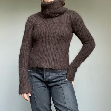 Miu Miu Brown Mohair Wool Fuzzy Ribbed Minimalist Turtleneck Sweater Sz S 