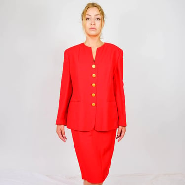 Vintage 90s Louis Feraud Scarlet Red Linen Blend Skirt Suit w/ Large Gold Buttons | Made in Germany | 1990s Designer Minimalist Power Suit 