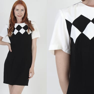 Black And White Checkered Secretary Dress Vintage 80s Minimalist Mini Avant Garde Two Tone Cocktail Attire 