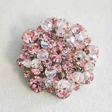 1960s Pink Rhinestone and Crystal Bead Dangles Brooch 