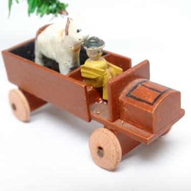 Antique German Erzgebirge Truck and Driver with His Dog, Vintage Toy Delivery Vehicle Made in Germany 