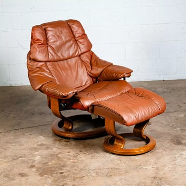 Mid Century Danish Modern Lounge Chair Leather Tan Ekornes Burnt Orange Ottoman