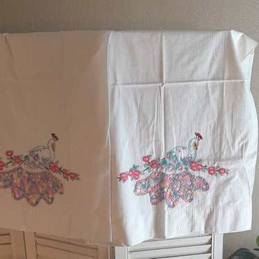 Vintage 50s/60s Peacock Design Hand Embroidered/ Crocheted Appliqued  Pillow Case Pair 