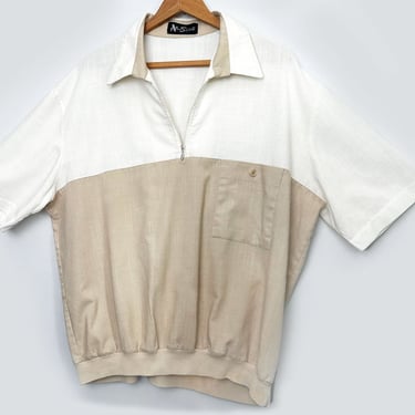 Alan Stuart Vintage Men's Shirt White Beige Short Sleeve Pullover, XL, 52" Chest, 1980's, Color Block, Zipper Neck, Polo, 1990's Sopranos 