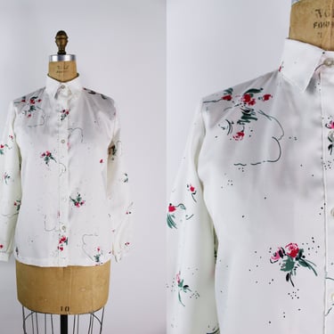 70s White Floral Shirt / 1970s Tops / 70s Secretary Blouse / Long Sleeve Shirt / Lady Arrow 