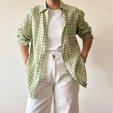 vintage linen blouse linen top linen shirt button down blue green plaid minimalist 90s retro vintage style oversize boyfriend style size L 