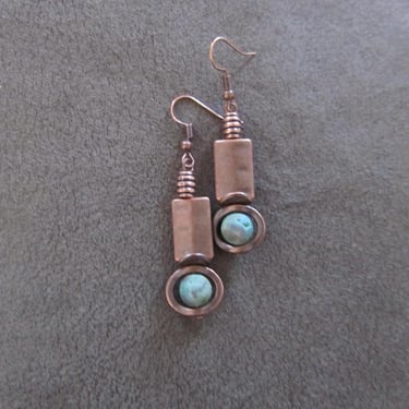 Industrial earrings, green druzy agate and copper minimalist earrings 