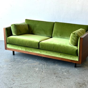 Mid Century Modern Milo Baughman style walnut Green Velvet Case Loveseat 