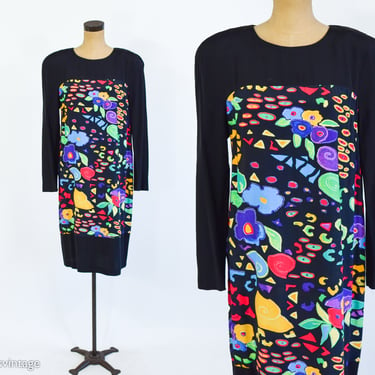 1980s Black Colorful Abstract Print Shift Dress | 80s Black Colorful Floral Print Dress | Op Art | K C Spencer | Medium 